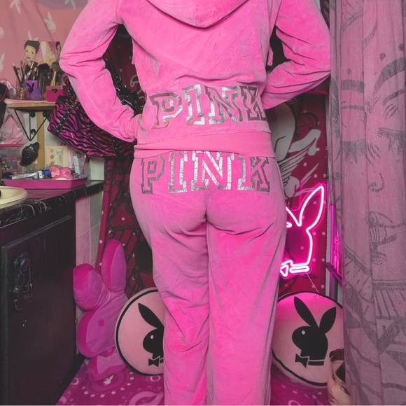 PINK Victoria's Secret Tops - Victoria’s Secret PINK Velour Matching Tracksuit Set Bright Pink